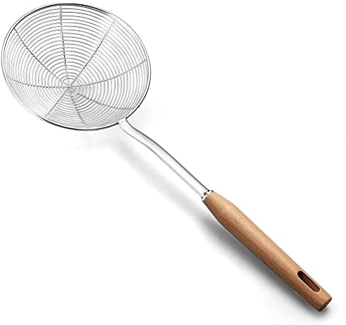 AOOSY Colador de araña extra grande de 7.9 pulgadas con mango de madera, cucharón colador de acero inoxidable para cocinar, freír y filtrar aceite (20 cm)