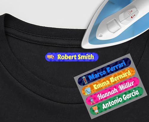 50 Etiquetas Adhesivas para Ropa Personalizadas. Medida 6 x 1 cm. Pegatinas termoadhesivas para planchar. (Juguetes)