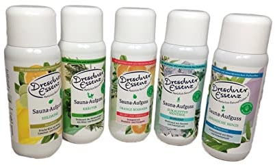 5er Saunaaufguss-Set Orange/Rosmarin, Eukalyptus/Menthol, Eislimone, Kräuter und Japanische Minze