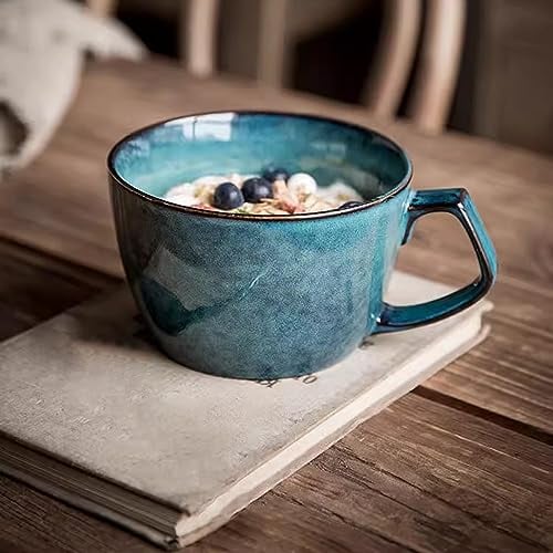 Cteahrow Grande ciotola per zuppa con manico, tazza da caffè da 600 ml, tazza da colazione per cereali, adatta per dessert al latte, farina d'avena, adatta al microonde (blu navy)