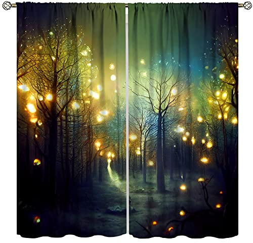 Fantay Waldvorhänge, magische Gothic-Fantasie, Naturwald, Lichterkette, Baum, 3D-Druck, Fensterbehandlung, Vorhänge, Stangentasche, Heimdekoration für Küche, Wohnzimmer, 53,3 x 160 cm, 2-teiliges Set