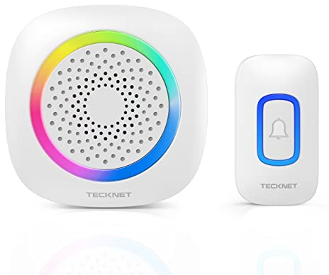 TECKNET Timbre Inalámbrico Funciona con Pilas, 400M Alcance RGB Timbre Inalámbrico Exterior Impermeable IP66, 5 Niveles de Volumen (0-110dB) y 60 Melodías para Hogar/Hotel/Oficina/Emergencia, etc