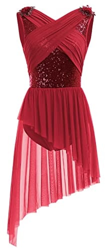 Odizli Robe de ballet asymétrique en tulle pour femme - Paillettes - Dos en U - Paillettes - Fleur - Robe de danse, rouge bordeaux, M
