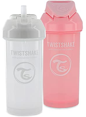 Twistshake 2x Gobelet Pour Bébé Avec Paille - 360ml | Bouteille D'eau Pour Bébé | Sans BPA | Gobelet D'apprentissage Pour Enfant | Blanc Rose