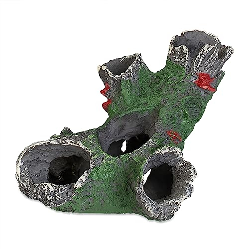 Relaxdays Deko, Baumstamm, Versteck für Fische & Garnelen, HxBxT: 6,5 x 15 x 10 cm, Aquarium-Höhle, grau/grün
