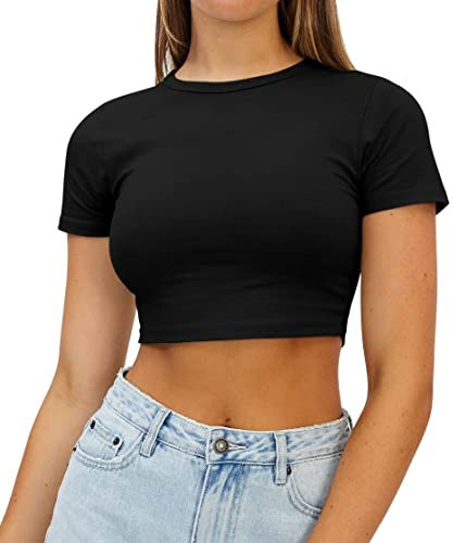 AirMood Womens Crop Summer Tee Tops Short Sleeve Casual Cropped Tshirt (Black,M)