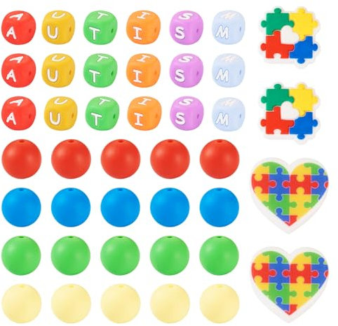 Cheriswelry 54Pcs Puzzle Silicone Beads Heart with Puzzle Beads A/U/T/I/S/M Letter Silicone Bead for Necklace Bracelet Jewelry Making