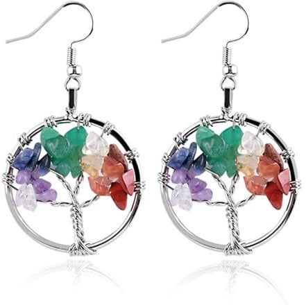 MAIGO Crystal Tree of Life Earrings - Chakra Drop Ladies Earrings, Rose Quartz Hook Tree of Life Jewellery Gifts (Silver)
