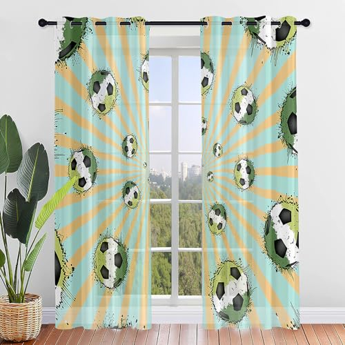 Highdi Voile Vorhänge mit Ösen 2er Set, Transparente Gardinen für Wohnzimmer Ösenschal Halbtransparent Ösenvorhang für Schlafzimmer Moderne Übergardinen Ösen (Fußball 9,160x115cm)
