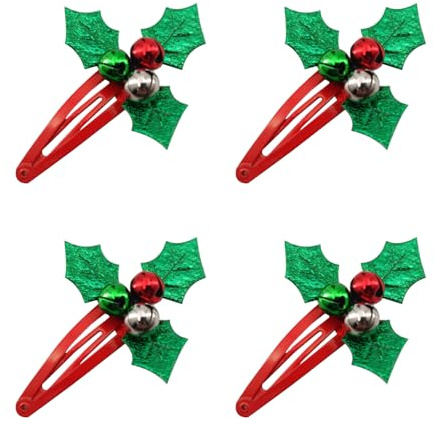 Bohue 4pcs Christmas Holly Hair Clip Jingle Bell Hair Barrettes Xmas Themed Hair Clip Christmas Hair Accessories for Girls