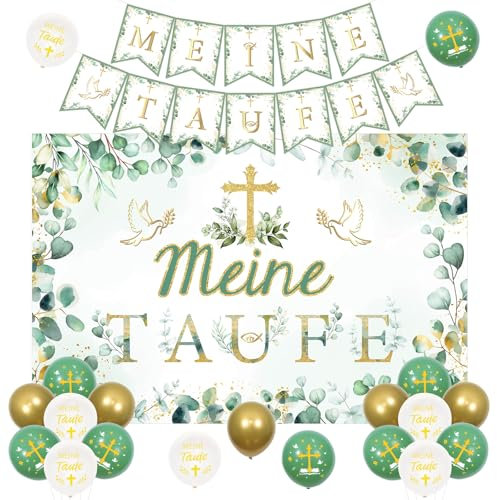 Jollyboom Taufe Deko Salbeigrün, Taufe Dekoration Meine Taufe Deko Girlande Banner, Taufe Luftballons Hintergrund Deko für Junge Mädchen Babyparty Babydusche Taufe Deko Erstkommunion Taufe Party