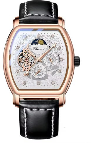 DAXIAOYU Klassisch geschnitztes Zifferblatt, automatische mechanische Herren-Uhr, wasserdicht, Mondphase, hohl, Tourbillon-Uhren, luxuriöses Tonneau-Lederband, Business-Herrenarmbanduhr,