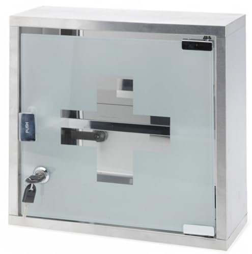 MIJOMA Medizinschrank aus Metall, abschließbar mit Glastür und Ablageböden, Sicherheitsschloss inkl. 2 Schlüssel, Arzneischrank für Erste Hilfe, Kindersicher, Wandmontage (Silber, 30 x 30 x 12cm)