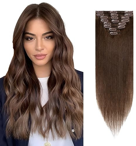 Rich Choices Clip in Extensions Echthaar 8 Stück Clip Extensions 50cm #4 Mittelbraun Haarverlängerung Echthaar Remy Seidig Gerade Invisible Clip ins Haar Extensions Natürlich - Dünne Tressen