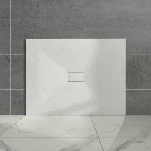 Aquariss White Rectangular Shower Tray Slate Effect SMC Slip-Resistant Shower Base for Bathroom Enclosures 1300x1000mm with Waste