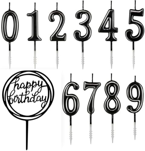 10 unidades Velas de cumpleaños, número 0-9 pastel velas + 1 carta feliz cumpleaños decoración pastel número velas digitales Negro Oro Plata(Negro-01)