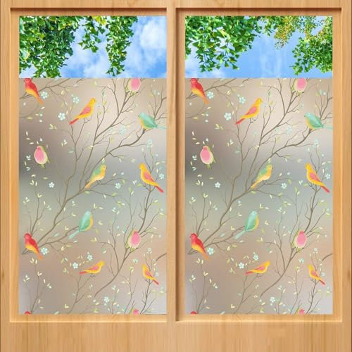 Window Stickers for Glass 80 x 380 cm, No Glue Window Sticker Opaque UV Protection, Privacy, Static Cling, Window Privacy Film with Tools with Toolkit for Window, Painted Bird