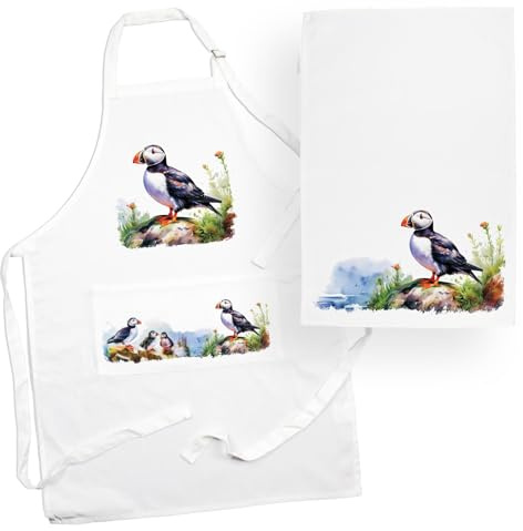 Purely Home Puffins Apron & Tea Towel Kitchen Set - Coastal Seabirds Puffin Gifts - Cooking and Baking Present Linen Sets