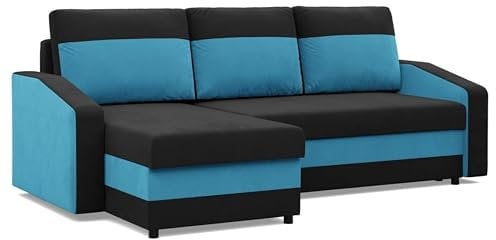Mebligo - Ecksofa mit Schlaffunktion und Bettkasten Orion, Eckcouch Universelle Seite, Sofa L Form (BxTxH) 231 x 140 x 85 cm, Couch Wohnzimmer, Ecke Sofa, Schwarz + Blau (Mikro 15 + Mikro 18)