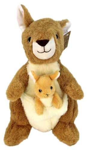 BEMIRO Känguru Kuscheltier mit Baby – 32 cm, braun, gestickte Augen, kuschelig weich, liebevolles Plüschspielzeug
