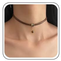 Aneneiceera Vintage Braune Leder Choker Halskette Winzige Sonnenblume Anhänger Halsketten Breite Braune Leder Halsketten Lederschnur Halskette Kette Schmuck Für Frauen