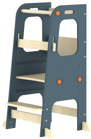 SUPEASY Montessori-Lernturm aus Holz – Höhenverstellbarer Küchenhocker (3 Stufen) mit rutschfesten Füßen & Sicherheitsbügel – Für Kinder 1,5–5 Jahre, Dunkelblau