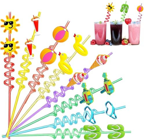 16 pailles en spirale, réutilisables, en plastique, pailles hawaïennes, Cartoon Pailles Spirales pour fête d'anniversaire, décoration de fête, fournitures de fête familiale