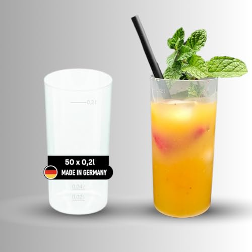 DeinPack 50 Longdrinkbecher | Mehrwegbecher 200ml Made in Germany | Getränkebecher mit Eichstrich | wiederverwendbar | Transparent aus PP | Trinkbecher 0,2l | Bierbecher | Partybecher