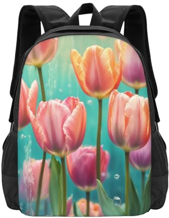 LEVNDIEJ Sac à dos décontracté avec imprimé tulipes roses - Grande capacité - Pour ordinateur portable de 15