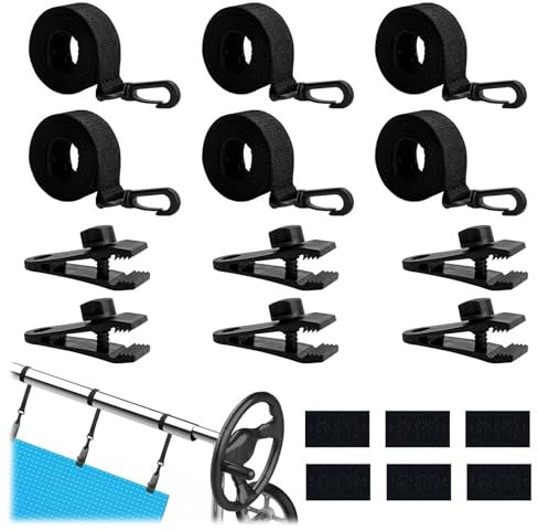Kenmohuo 18Pcs Pool Solar Cover Reel Straps, Upgraded Adjustable Straps Pool Cover Reel Attachment Kit Including 6 Solar Cover Reel Blanket Straps with Hooks, 6 Pool Cover Clamps, 6 Touch Fastener