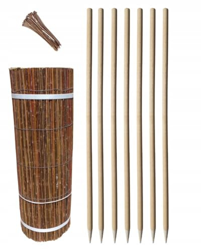 Ogrodzenia Wiklinowe Set Weidenmatte 60x300 cm und 7 Stück Holzpfähle ⌀18 mm Länge 78 cm und 30 Stück Kabelbinder Weidezaun Zaunpfosten Holzpfosten Sichtschutz Garten Terrasse Balkon