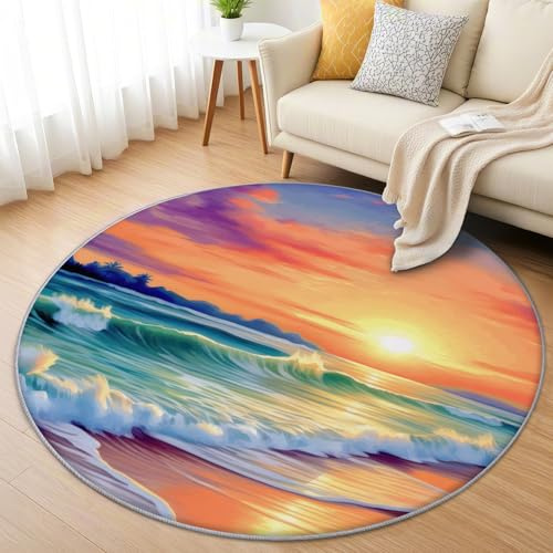 AevuCub Sonnenuntergang Teppich Rund 150cm Kinderzimmer - Waschbare Teppiche Wohnzimmer Strand Meer - Runder Teppich 150 Durchmesser - Bettvorleger Schlafzimmer rutschfest Weich