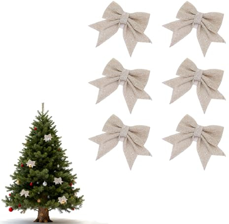 6 Stück Weihnachtsbaumschmuck Champagner,Schleifen Weihnachtsbaum Deko,Glitzer Schleifen für Weihnachtsbaum,Christbaum Schleifen Beige,Weihnachtsschleifen,Weihnachten Schleife für Weihnachtskranz Deko
