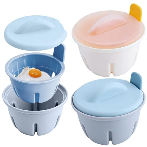 Egg Poacher, Microwave, Double Drain, 2Pcs | Poached Egg Cups, Kitchen Gadgets (Blue and Yellow)