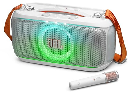 JBL PartyBox On-The-Go 2 - Portable Party Speaker with one Wireless Digital mic, Handle and a Shoulder Strap, Dynamic lightshow, Up to 15 Hours Playtime, Splash Proof & Auracast™ (White)