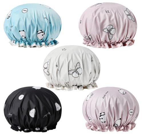 WESIEVYA Waterproof Shower Caps Fabric Bathing Accessories for Women 5pcs with Elastic Band, Foldable Colour Changing Design Random Color Suitable for Cooking and Making up