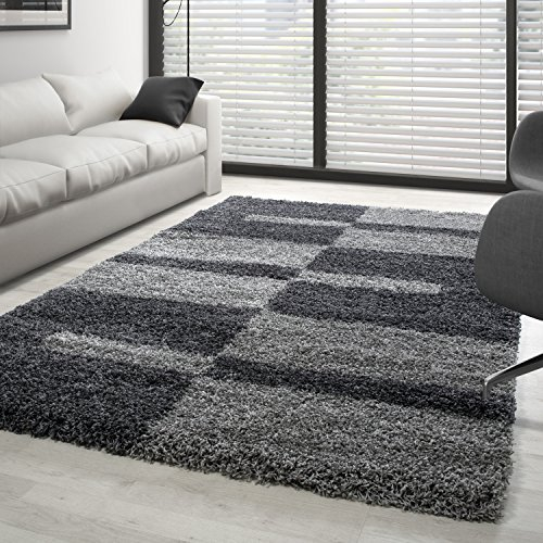 Carpettex Hochflor Teppich Wohnzimmer Shaggy Flokati Teppich Modern Kariert Design 160 x 230 cm Grau - Teppich Schlafzimmer Weich Flauschig Waschbar Teppich Küche Esszimmer - Langflor Teppiche