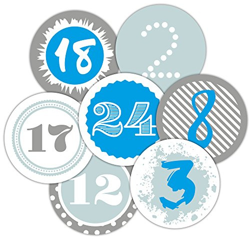 Frau WunderVoll 24 Adventskalenderzahlen Aufkleber, für 1 Kalender, blau, Durchmesser 4cm / Weihnachten, Papiertüten, Kinder, Zahlen, Geschenkbeutel, Aufkleber