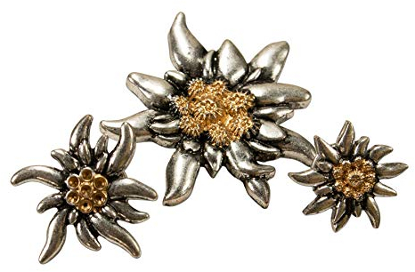Ansteck Pins Edelweiß 3er Set (3 Größen) - Anstecker für Damen & Herren, Trachten-Pins für Trachtenbluse, Hutanstecker, Anstecknadel und Buttons fürs Oktoberfest (bicolor-farben)