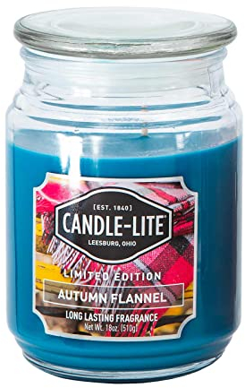 Candle-Lite Duftkerze im Glas mit Deckel | Autumn Flannel | Duftkerze Sandelholz | Kerzen lange Brenndauer (bis 110h) | Kerzen Blau | Duftkerze Groß (510g)