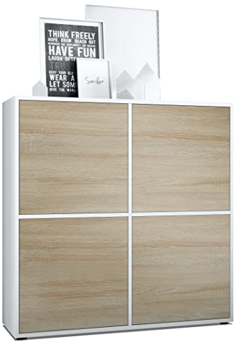 Vladon Highboard Cuba V2 Schrank 104 x 105,5 x 35,5 cm Sideboard mit 8 Fächern, Made in Germany, Korpus in Weiß matt/Fronten in Eiche sägerau