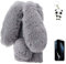 Artfeel Plüsch Kaninchen Hülle für Samsung Galaxy A71,Niedlich Pelzig Hase Ohren Haarballen Weich Flauschige Winter Warm Handyhülle Faux Pelz Glitzer Diamant Stoßfest Silikon Schutzhülle,Grau