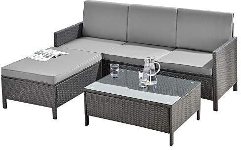 [en.casa] Gartenmöbelset Murcia Rattan 3-TLG. Rattan-Möbel Sitzgruppe Gartenlounge Loungeset Polyrattan Dunkel-/Hellgrau