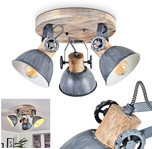 Deckenleuchte Orny, 3-flammiger Deckenstrahler aus Holz und Metall in grau-blau, Industrial/Vintage Look Zimmerlampe, Rondell mit 3 x E27, die Leuchtenköpfe sind verstellbar,ohne Leuchtmittel