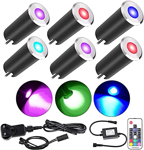 YZGWZLD Terrassen Einbaustrahler Terrassenbeleuchtung 6er Set LED Bodeneinbaustrahler RGB 42mm IP67 wasserdicht für außen innen Garten Holzbrücke Pool Holzdeck inkl. 12V mini Einbauspots