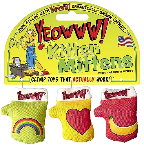 Yeowww! 3 Kätzchen-Fäustlinge, Katzenminze-Spielzeug für Katzen, 3 Stück, Bio-Katzenminze, mehrfarbiges Katzenspielzeug