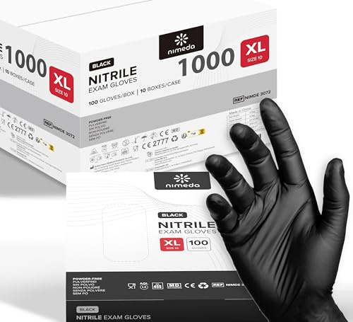 Kemes Lot de 1 000 gants jetables en nitrile sans latex sans poudre, Nitrile, Tailles S, M, L, XL (Taille XL, noir, 1 000 pièces)