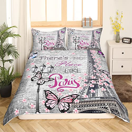 Papillon Tour Eiffel Parure de Lit 220x240cm Fleur de Cerisier Paris Tour Housse de Couette pour Enfants Filles Saint Valentin Sets de Housse de Couette Rose Sakura avec 2 taies d'oreiller