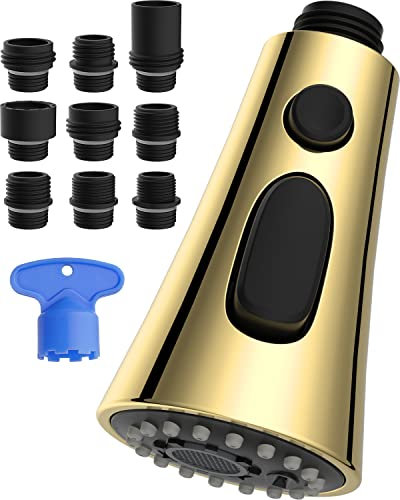 Hibbent Pull Down Küchenarmatur Sprühkopf Ersatz, 3 Funktionen Gold Küchenspüle Sprühdüse mit 9 Adaptern Kompatibel mit Moen, American Standard, Delta, Kohler Armaturen, poliertes Messing