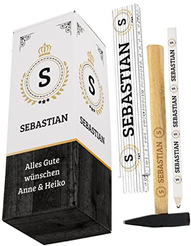 Herz & Heim® Heimwerker Geschenkset mit Wunschname, Initiale & Wunschtext/Hammer, Zollstock, Bleistift